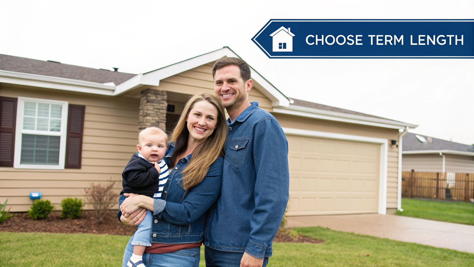 A happy family, including a mother holding a baby and a father, smiling in front of their new home, with a banner that says 'CHOOSE TERM LENGTH'.
