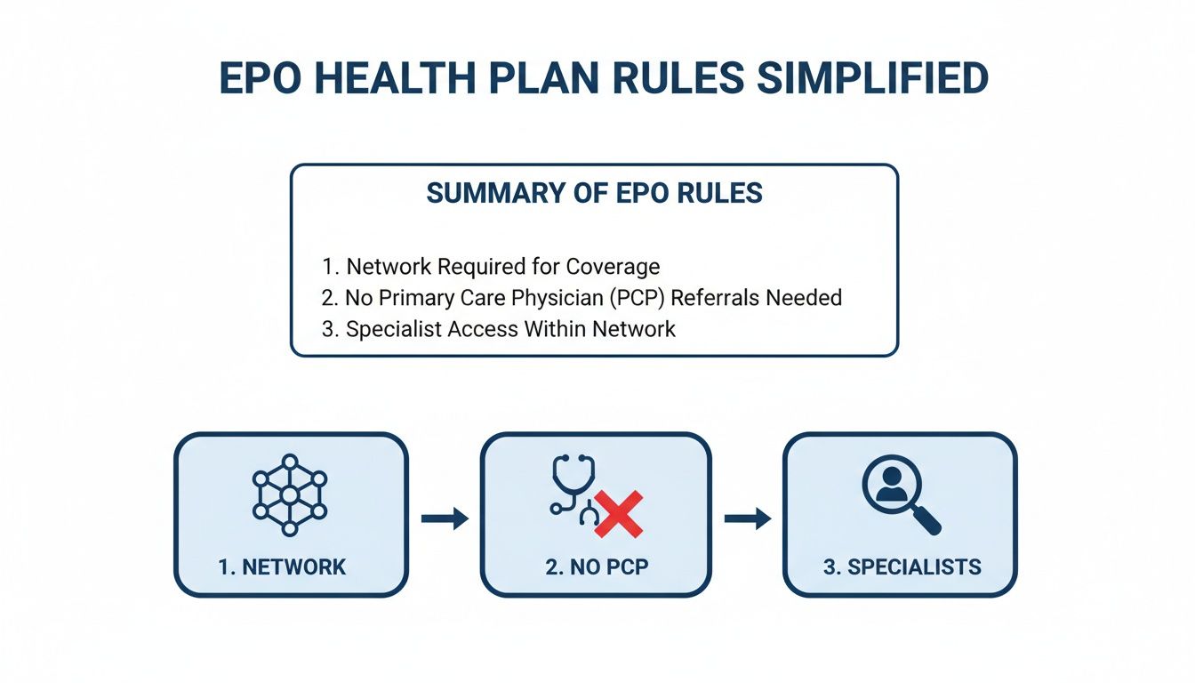 Diagram illustrating simplified EPO health plan rules: network required, no PCP referrals, and direct specialist access.