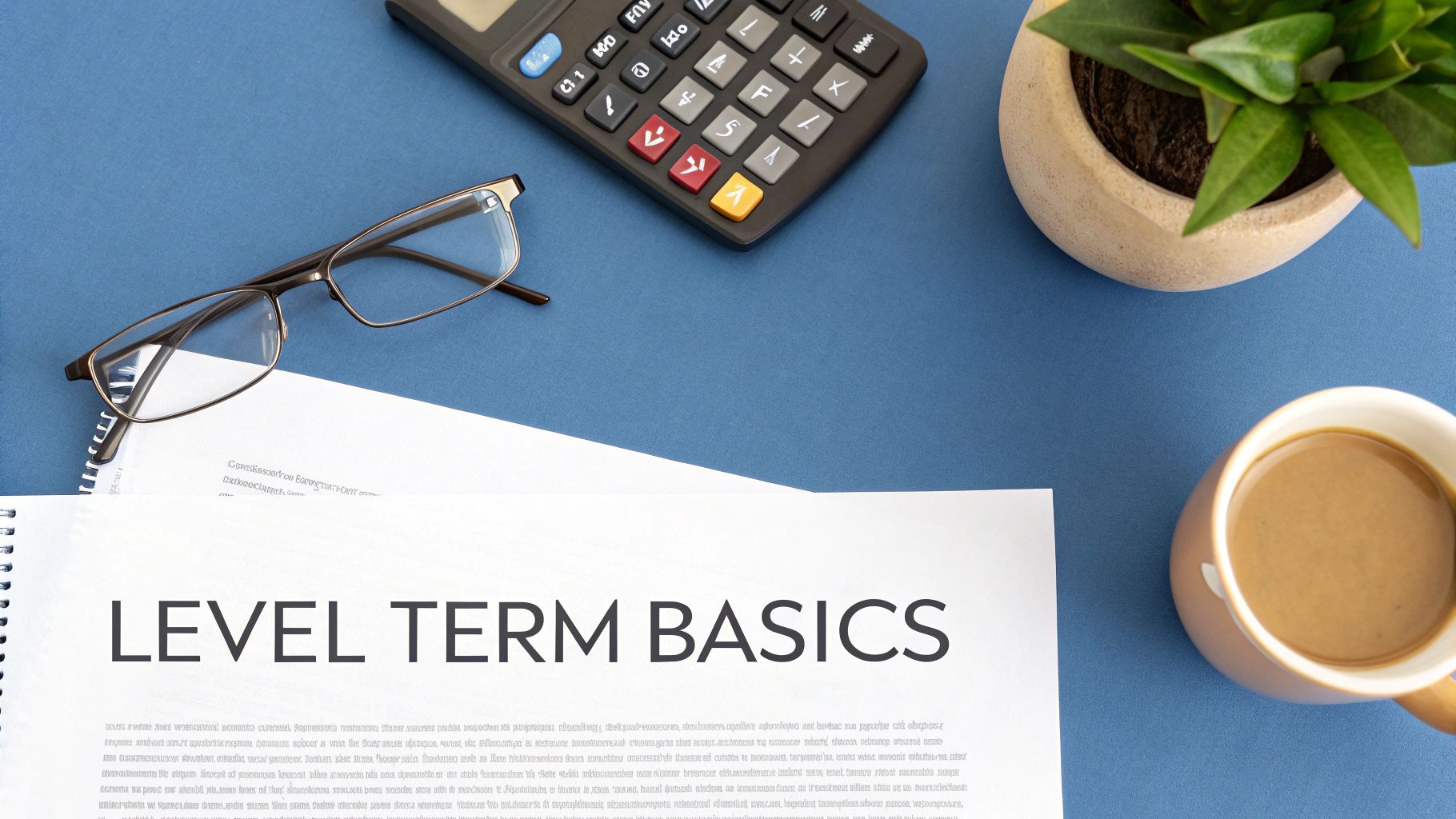 An office desk with glasses, a calculator, a plant, coffee, and a document titled 'LEVEL TERM BASICS'.