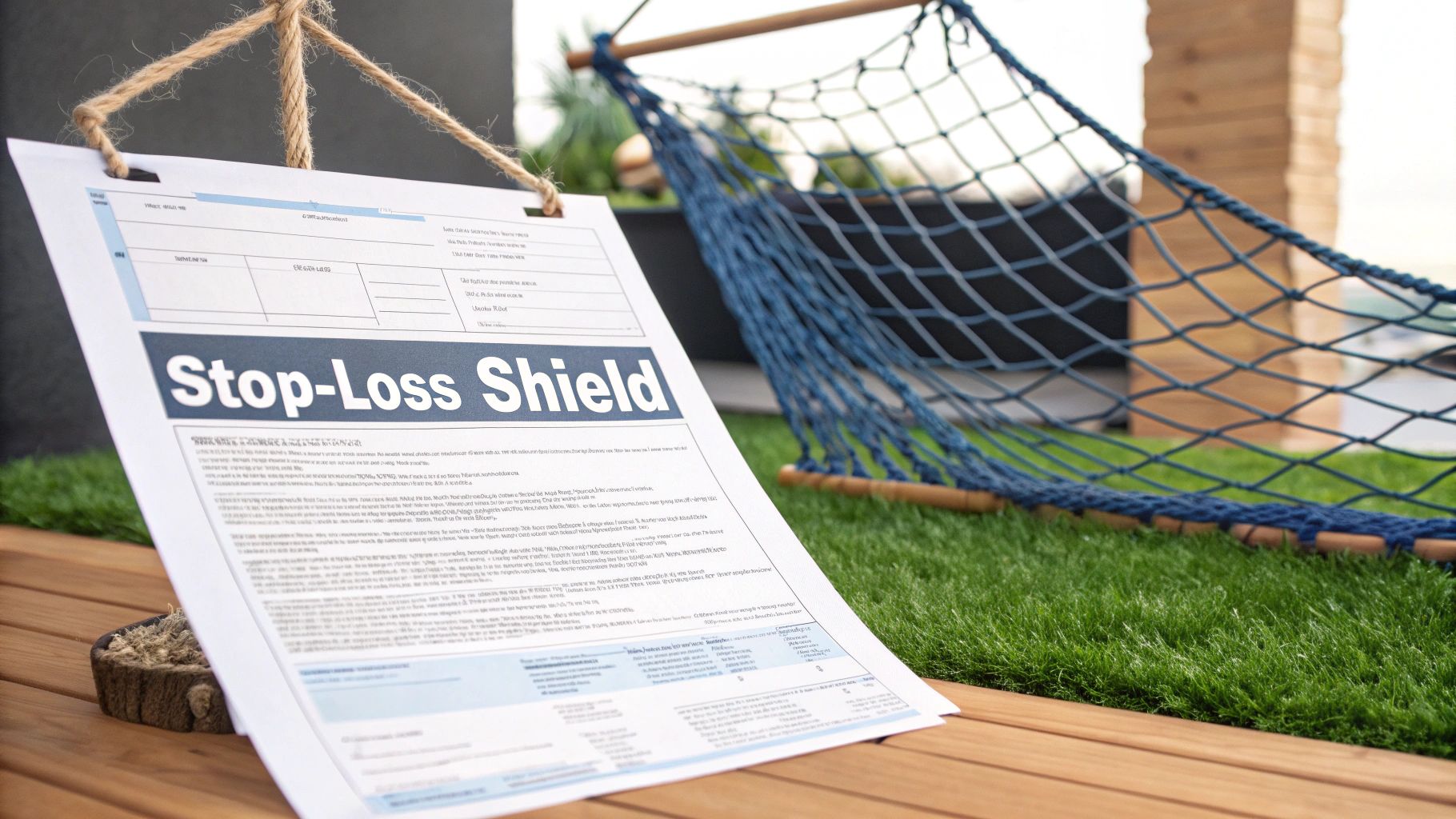 Stop-loss shield insurance document displayed on wooden deck beside blue hammock in relaxing outdoor setting