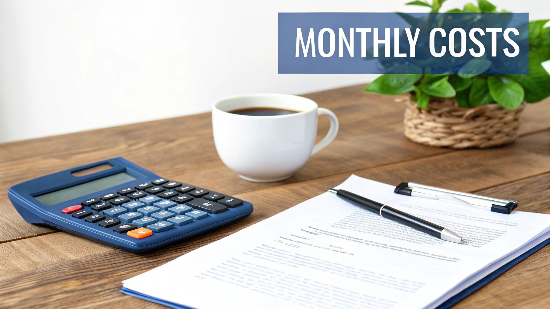 Calculator, coffee cup, documents and pen on desk for calculating monthly insurance costs