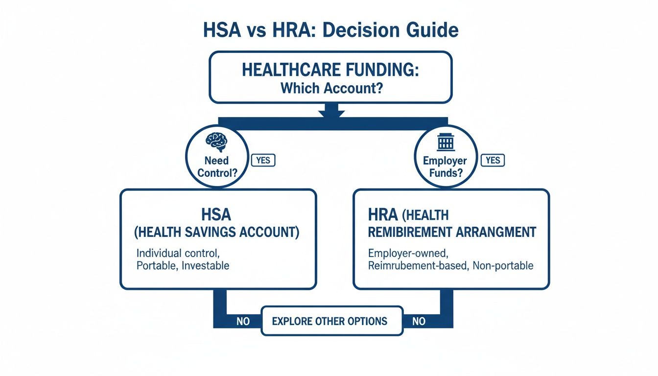 Decision guide flowchart comparing HSA and HRA healthcare funding options based on control and employer funds.