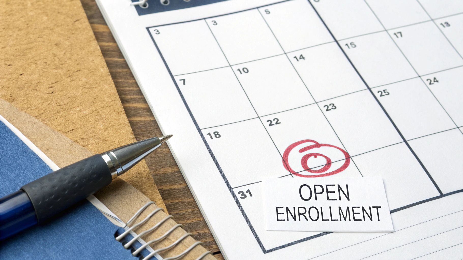 A pen rests on a calendar page with 'Open Enrollment' note, highlighting a date in red.