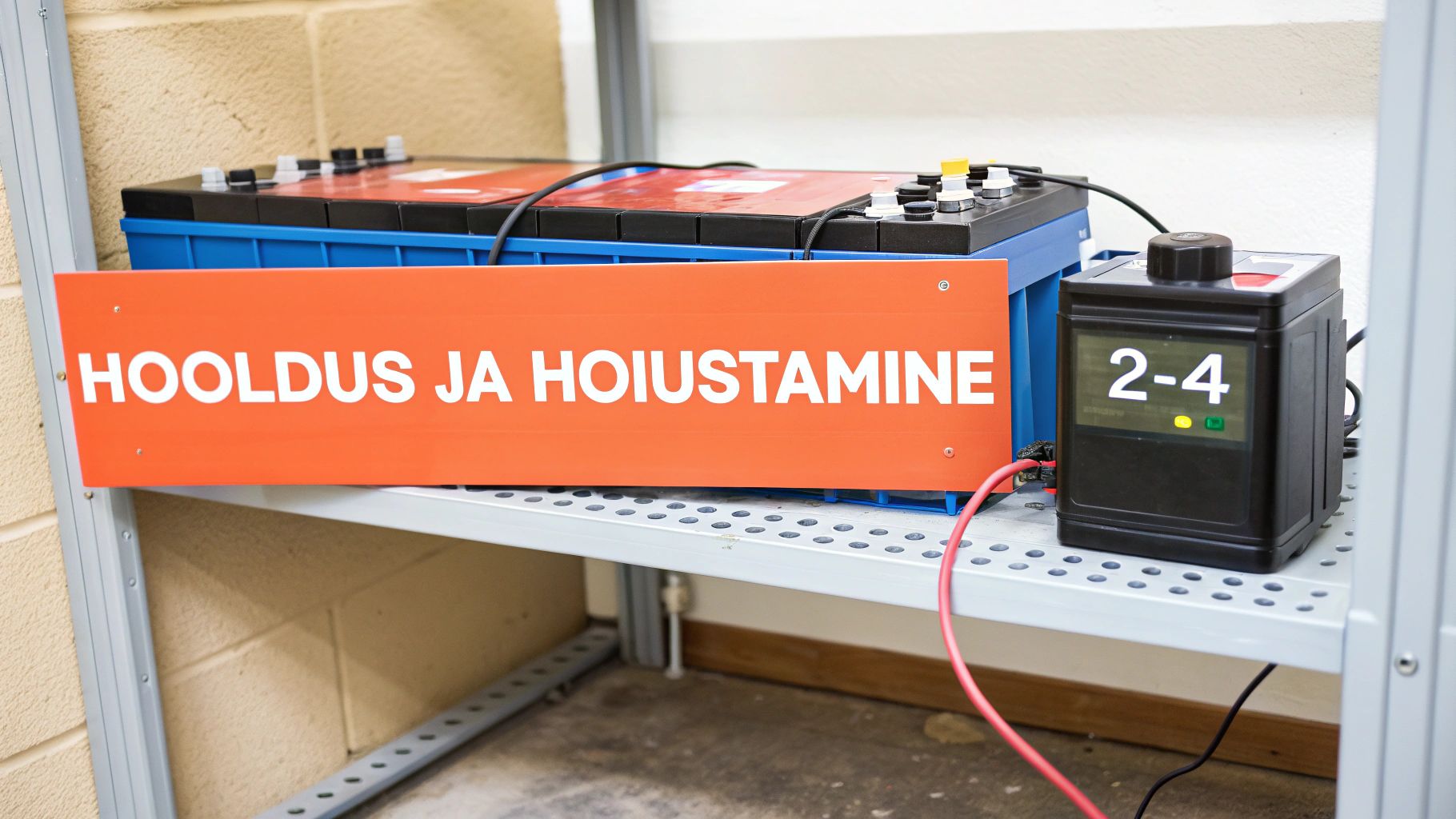 Two blue batteries on a shelf with an orange label that says MAINTENANCE AND STORAGE. Next to it is a black device numbered 2-4.