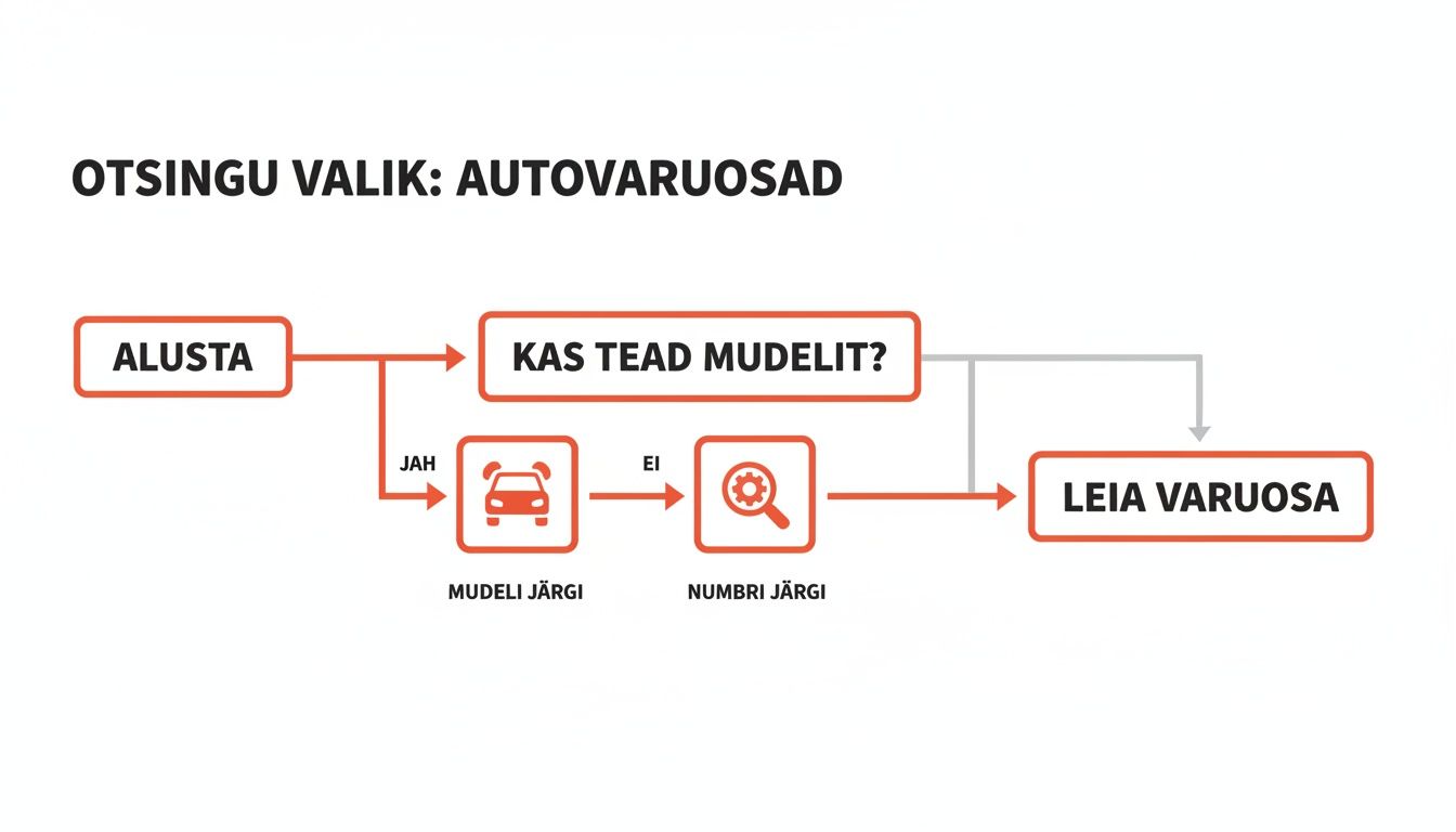 Skeem näitab autovaruosade otsingu protsessi mudeli või numbri järgi, alustades ja lõpetades varuosa leidmisega.