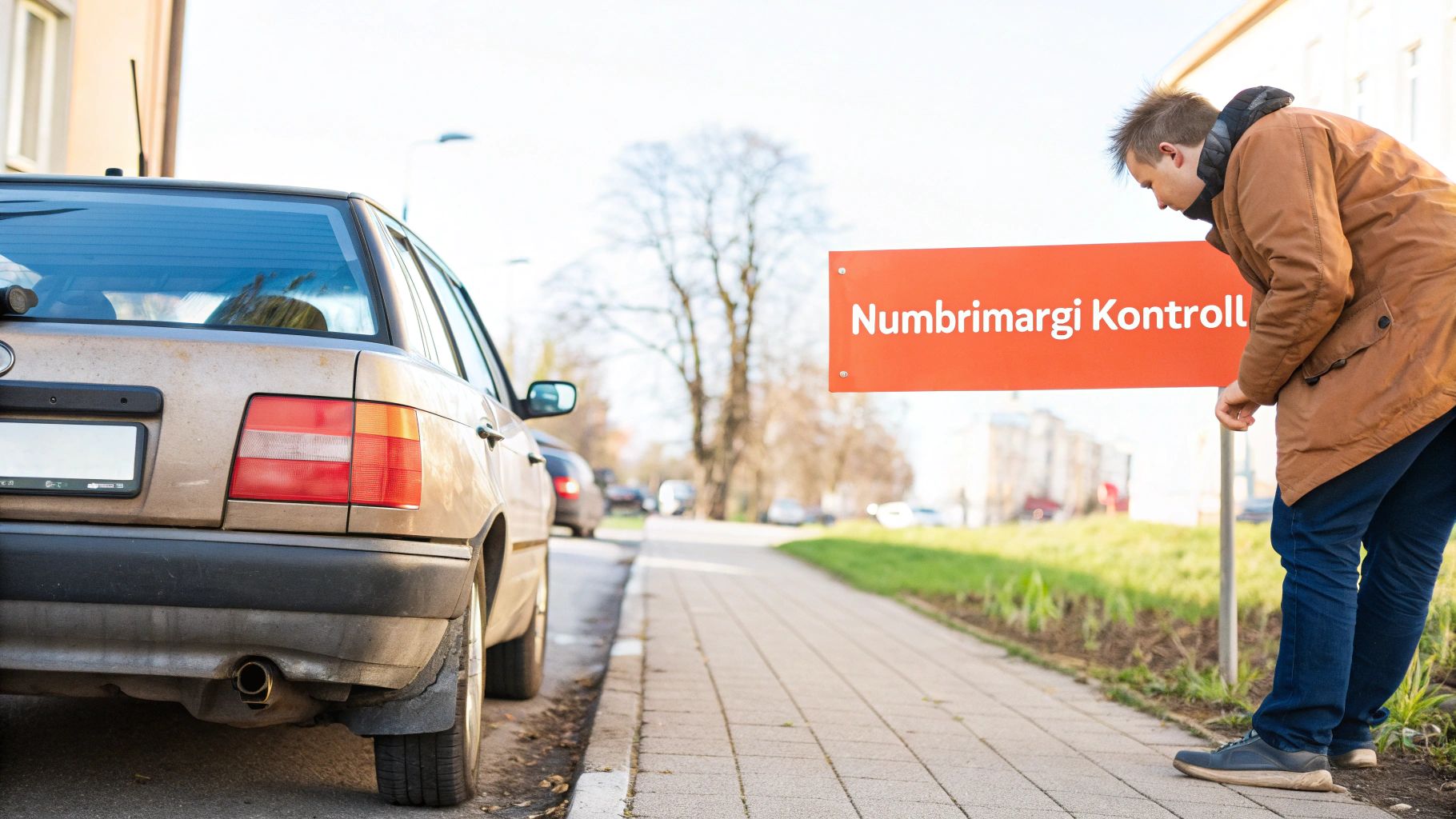 Mees uurib tee ääres punast silti "Numbrimärgi Kontroll" vana auto juures.