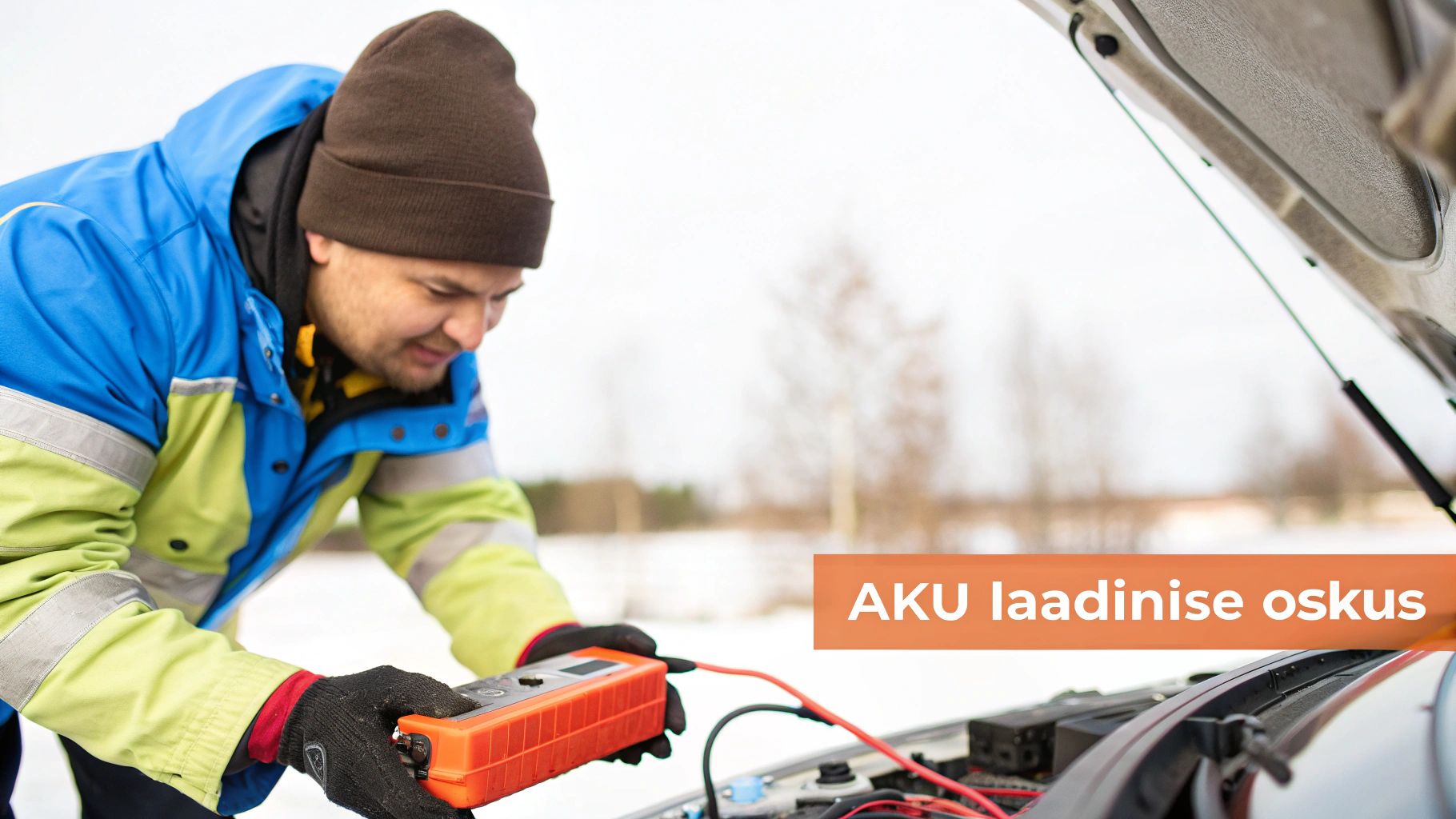 Mees laeb talvisel ajal autot, kapott avatud, kasutades kaasaskantavat akulaadijat.