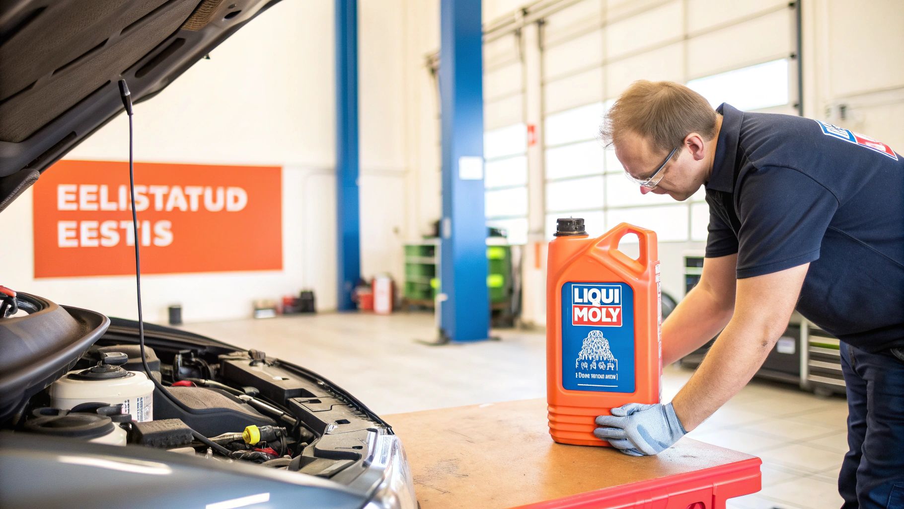 A mechanic holding a Liqui Moly oil bottle next to a car in a garage. The hood is open and a sign in the background reads 'PREFERRED IN ESTONIA'.