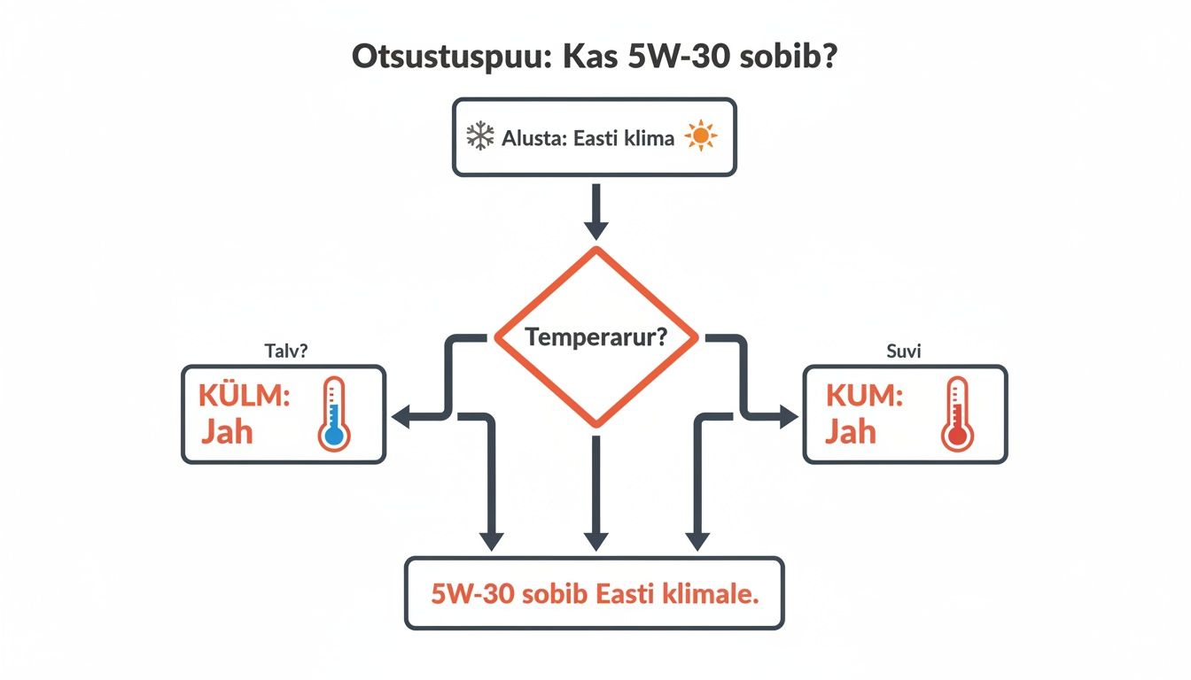 Otsustuspuu, mis selgitab, kas 5W-30 mootoriõli sobib Eesti kliimasse talvel ja suvel.