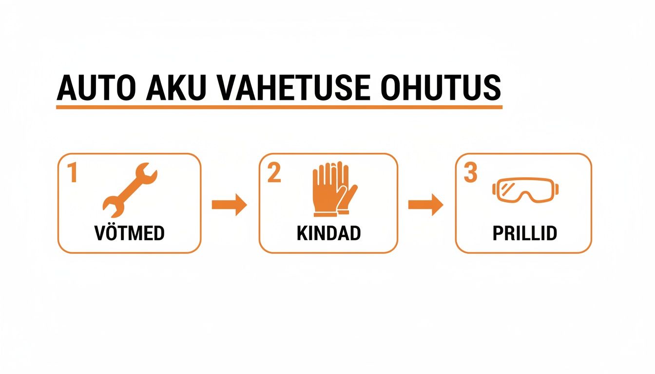 Illustratsioon auto aku vahetuse ohutusnõuetest: võtmed, kindad ja prillid.