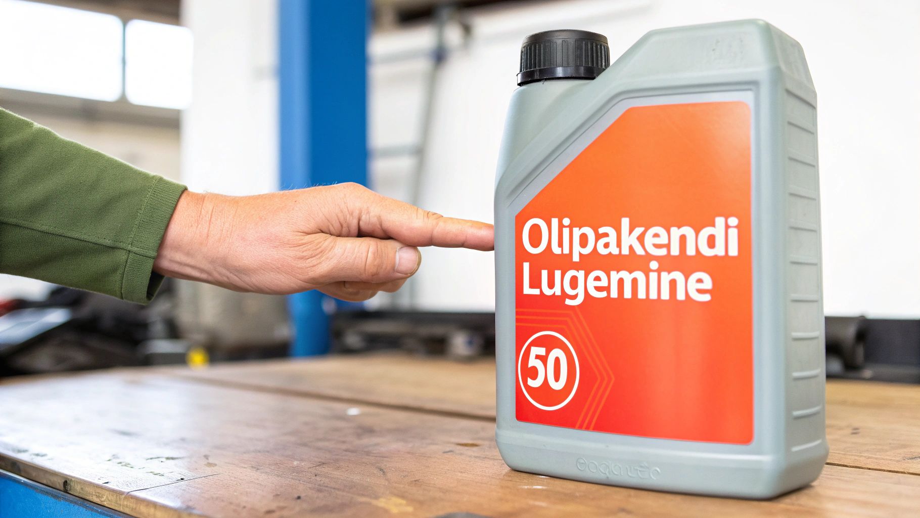 Inimese käsi osutab hallile õlipakendile oranži etiketiga, millel on kirjas "Olipakendi Lugemine" ja number 50.