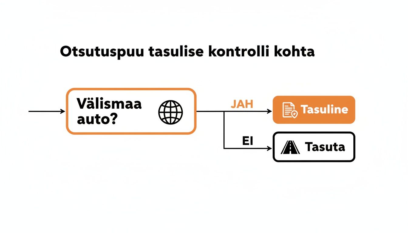 Skeem kujutab otsustuspuud auto numbrimärgi kontrollimisel, eristades välismaiseid ja kodumaiseid autosid, et määrata tasu.