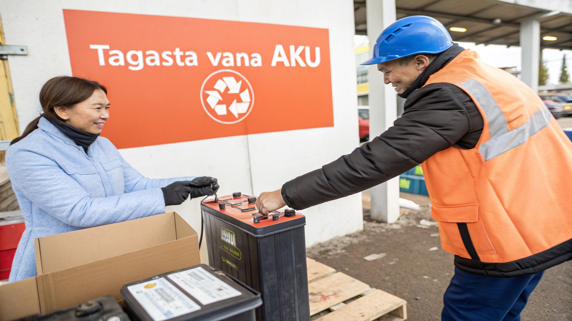 Naine ja kiivriga mees tegelevad vana autoakuga ringlussevõtu punktis.