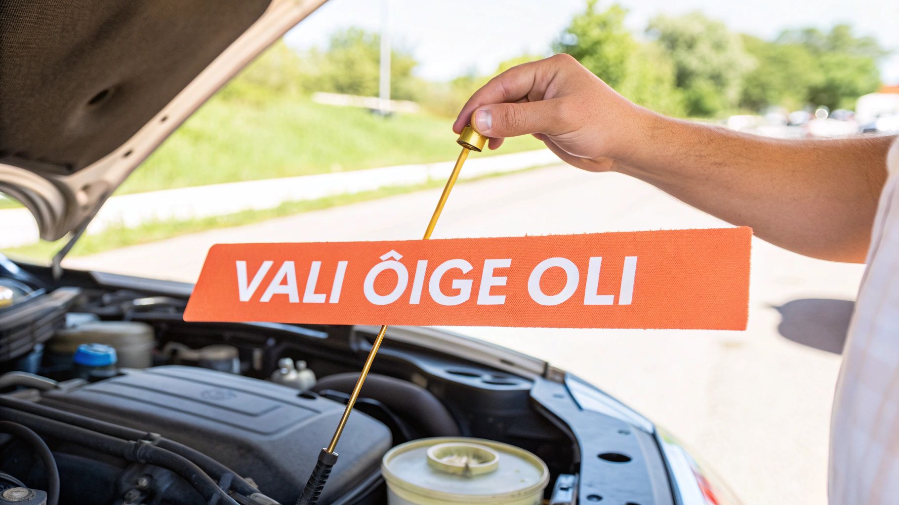 Käsi kontrollib auto õlitaset õlivardaga, millel on silt "VALI ÕIGE ÕLI" avatud kapoti all.