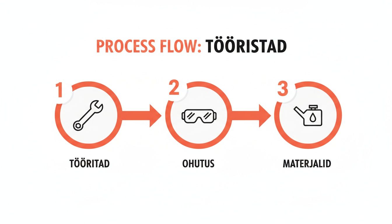 Protsessi voog, mis näitab kolme etappi: tööriistad (mutrivõti), ohutus (kaitseprillid) ja materjalid (õlikann).