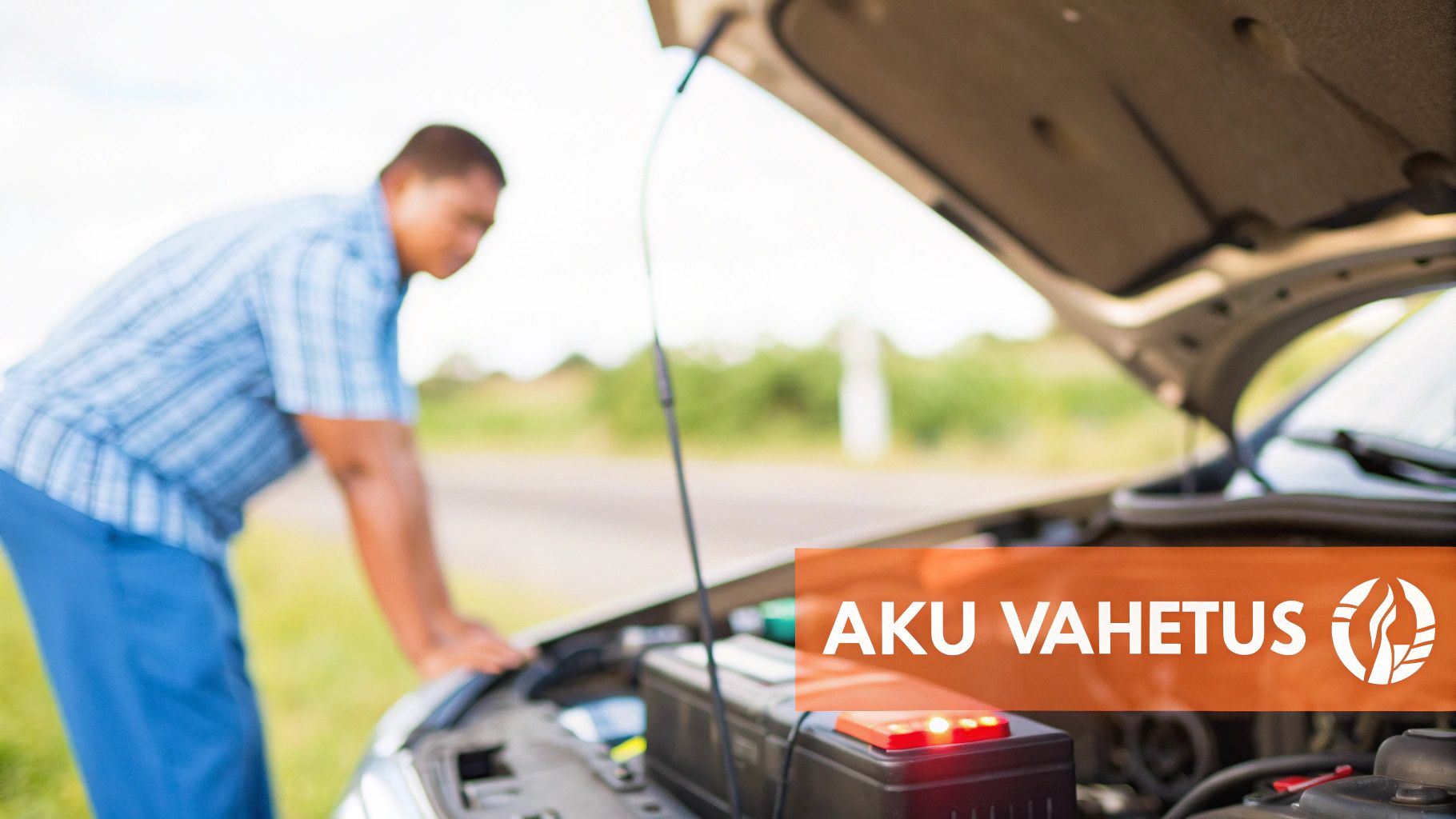 A man looks into an open engine compartment, indicating a car battery replacement.