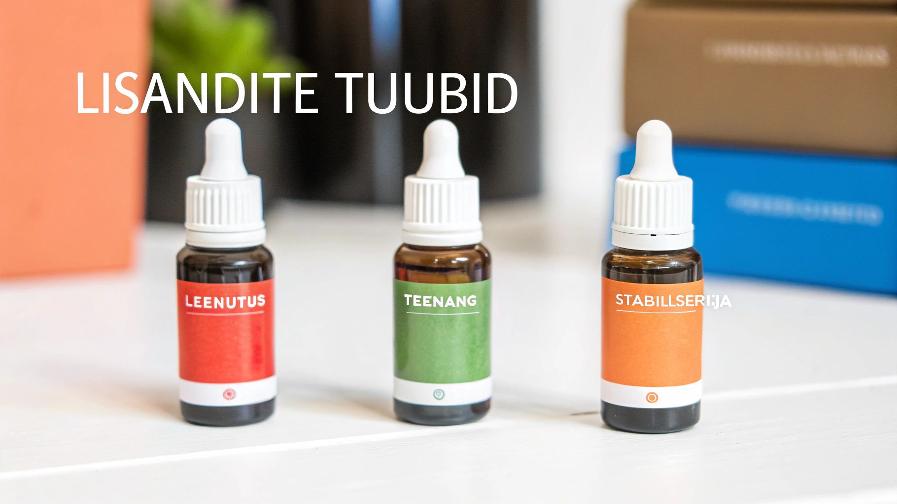 Three different colored dropper bottles (red, green, orange) on a white table, titled 'ADDITIVE TUBES'.