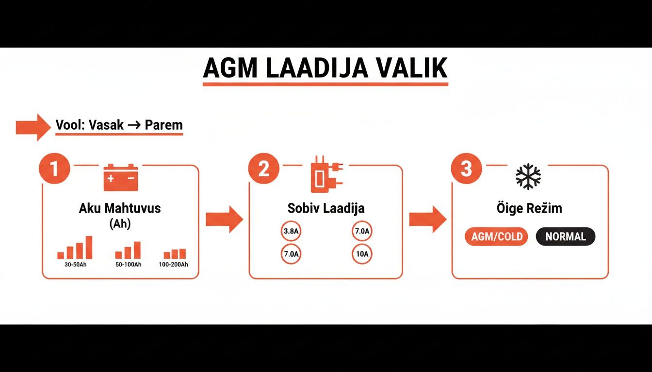 Instructions for choosing an AGM battery charger, showing battery capacity, suitable charging currents, and modes.