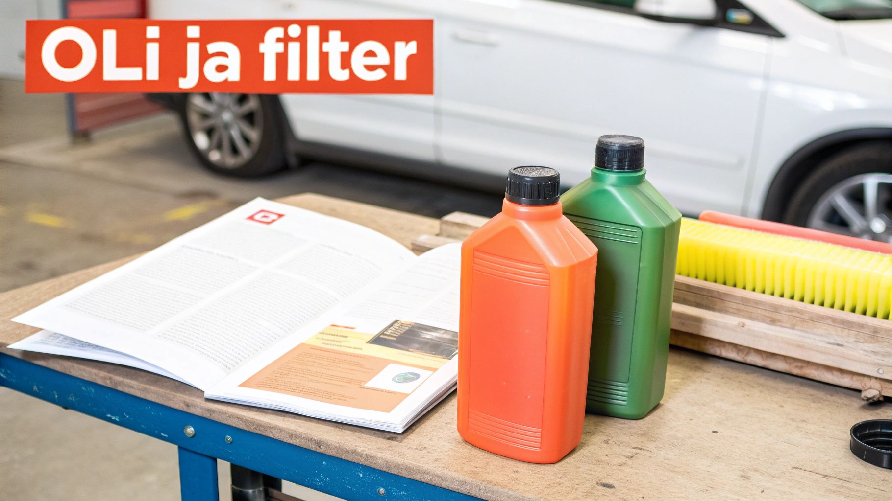 Kaks õlipudelit, ajakiri ja hari töökoja laual, taustal auto ning pealdis 'OLI ja filter'.