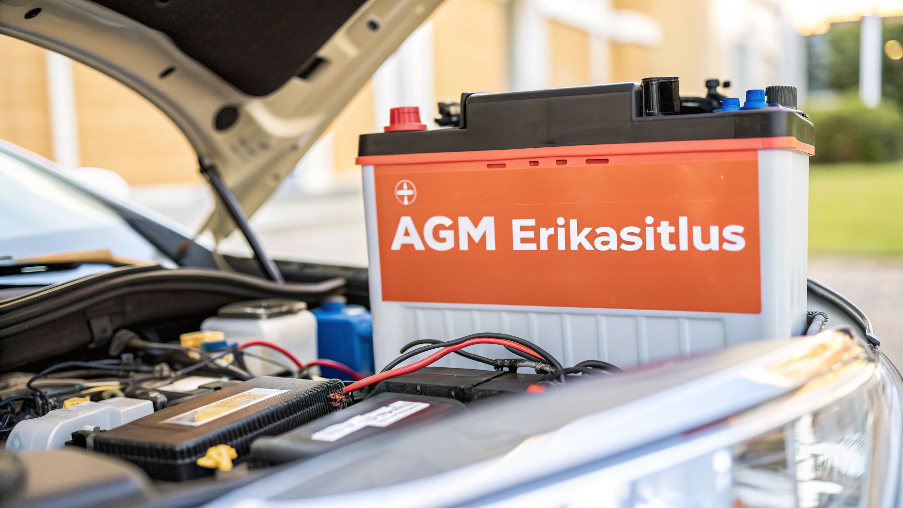 Orange labeled AGM car battery in the engine compartment, ready for installation or maintenance.