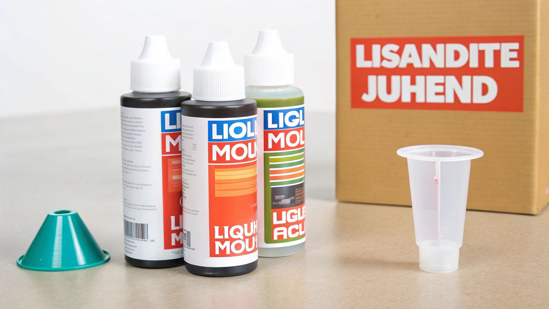 Three Liqui Moly bottles, a green funnel, a measuring cup, and a cardboard box with automotive maintenance products.