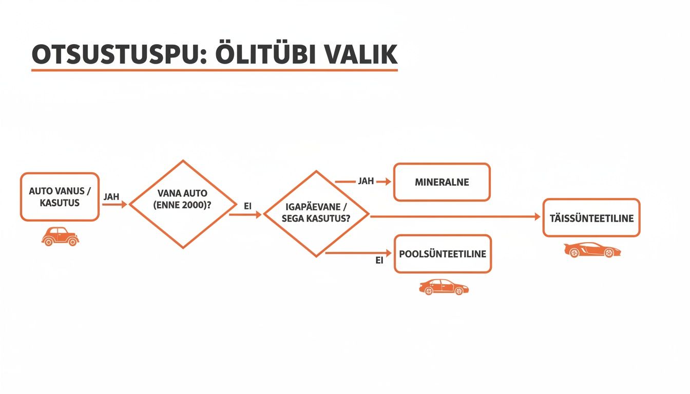 Skeem auto õlitüübi valikust, mis arvestab auto vanust ja kasutust, pakkudes mineraal-, poolsünteetilist ja täissünteetilist õli.