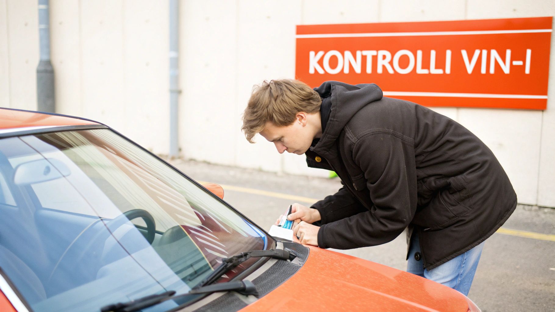 A young man checks the VIN code on the windshield of an orange car, with a sign in the background saying 'CHECK VIN'