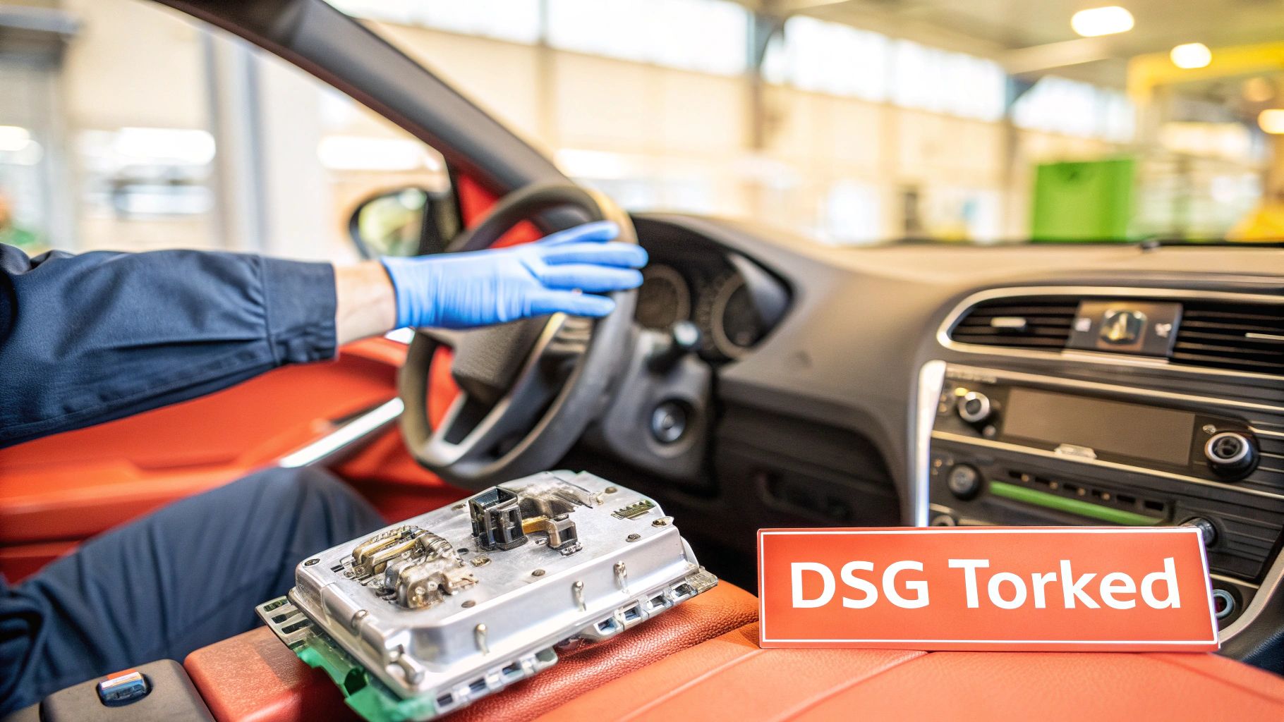 Inimene autos siniste kinnastega, hoides rooli. Esiküljel on näha DSG käigukasti osa ja silt "DSG Torked".