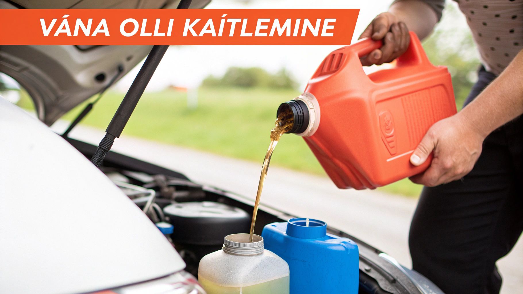 Inimene valab auto mootorisse õli avatud kapoti all, teostades hooldust.