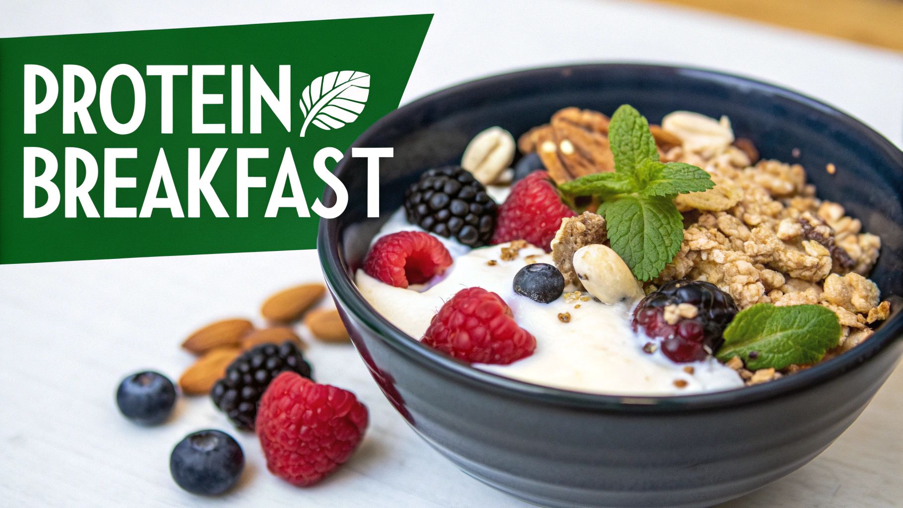 A healthy protein breakfast bowl with yogurt, granola, fresh berries, nuts, and mint.