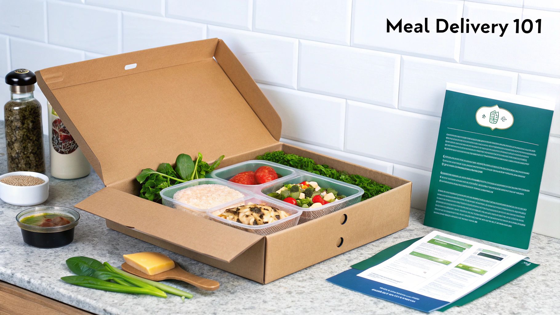 Brown cardboard meal delivery box open on a kitchen counter with various food containers, ingredients, and recipe instructions.