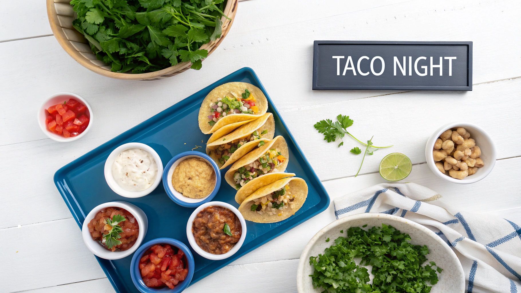 Overhead shot of tacos, sauces, and toppings on a white wooden table for taco night.