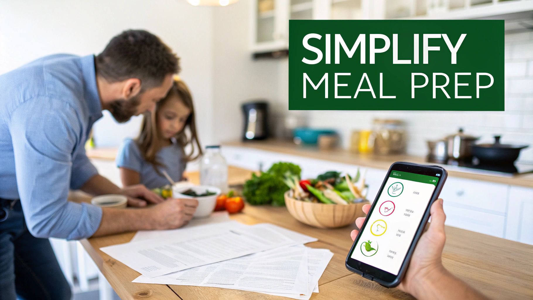 A parent and child prepare food in a modern kitchen while a hand holds a smartphone displaying a meal prep app.