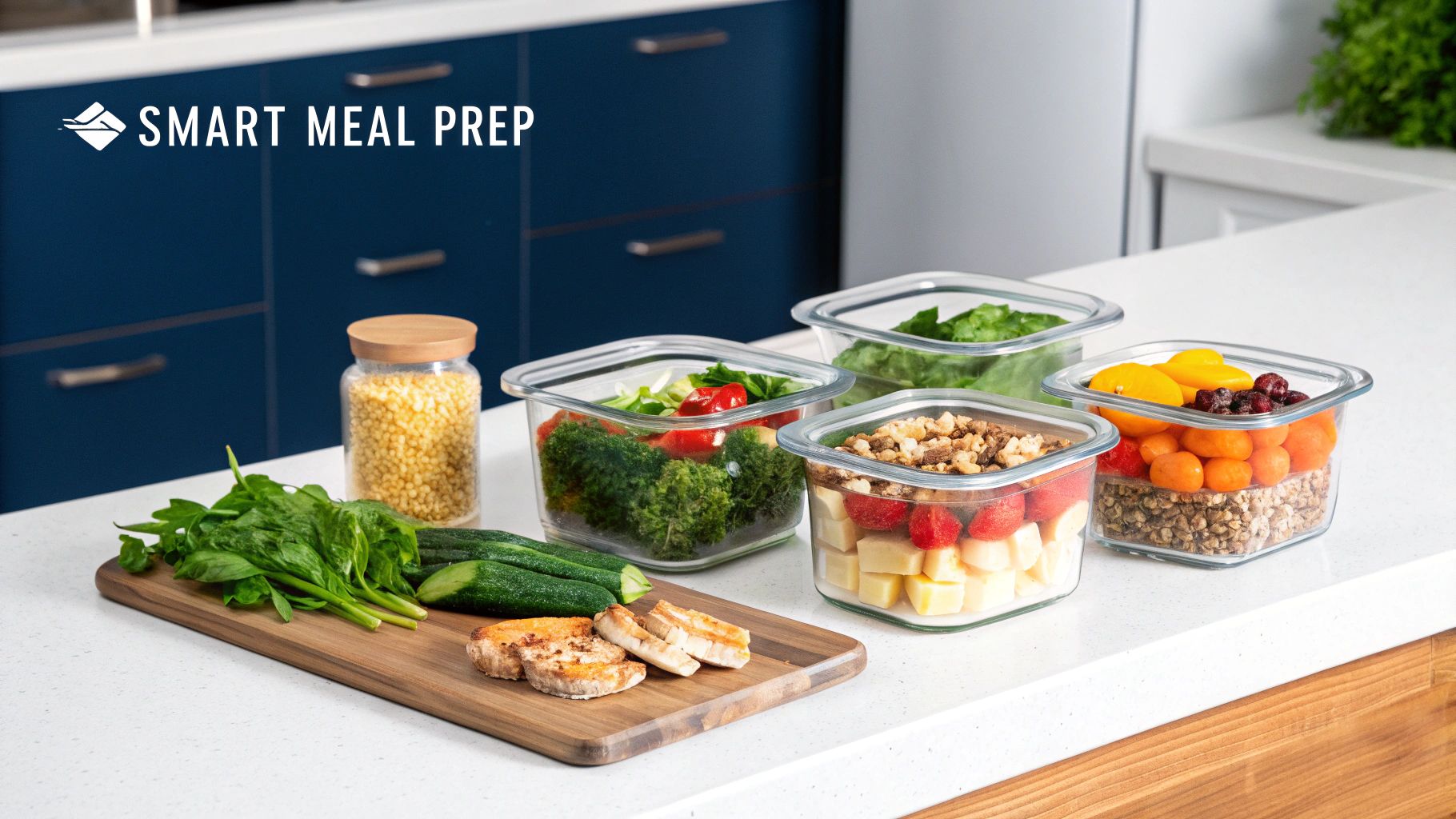 Person prepping various colorful vegetables and grains in containers on a clean kitchen counter.