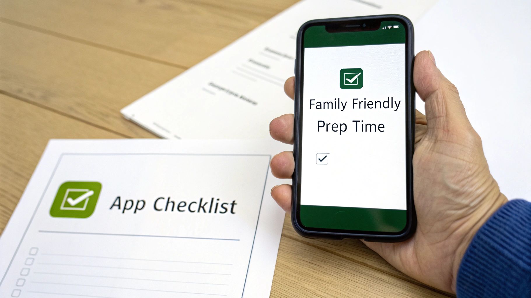 A hand holds a smartphone displaying a 'Family Friendly Prep Time' app next to an 'App Checklist' document.