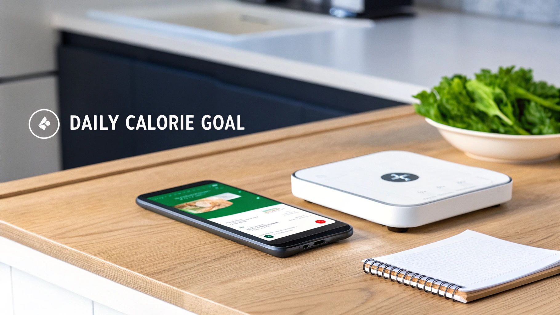Smartphone displaying calorie tracking app next to digital scale and notebook for daily nutrition goals