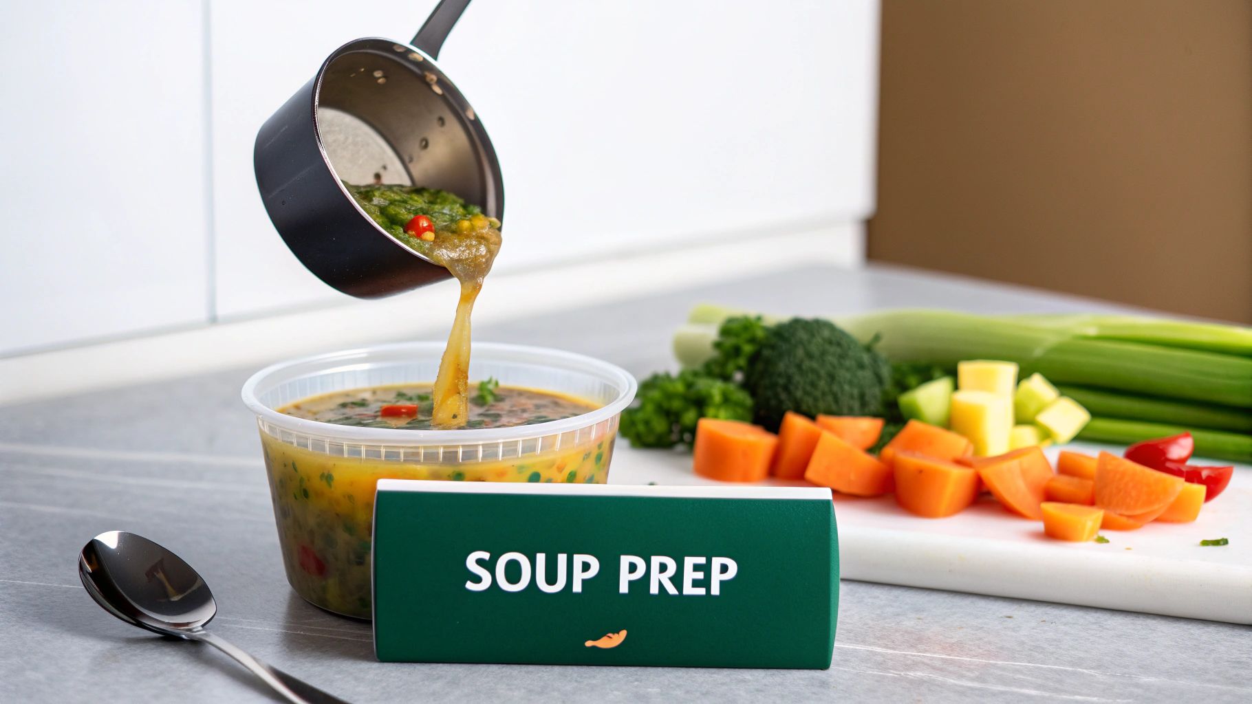 A ladle pours vibrant, healthy soup into a container next to fresh chopped vegetables and a 'SOUP PREP' box.