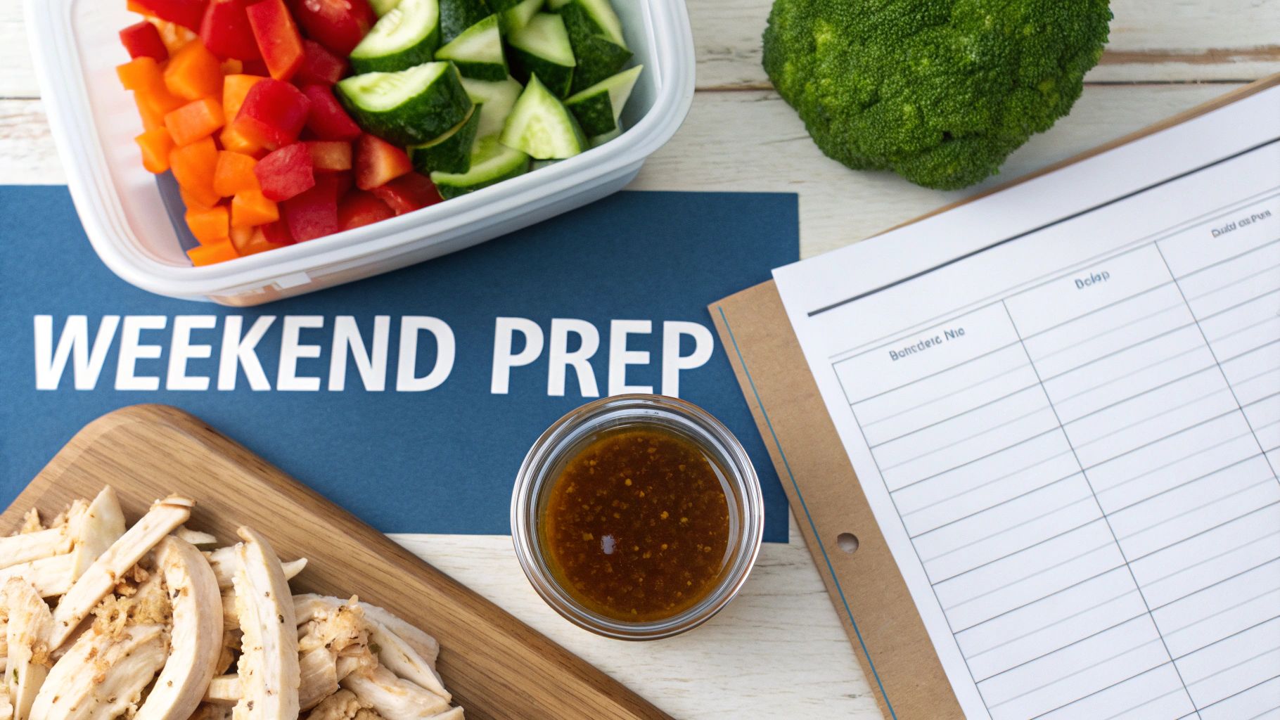 Overhead view of weekend meal prep with diced vegetables, cooked chicken, broccoli, and a planner.