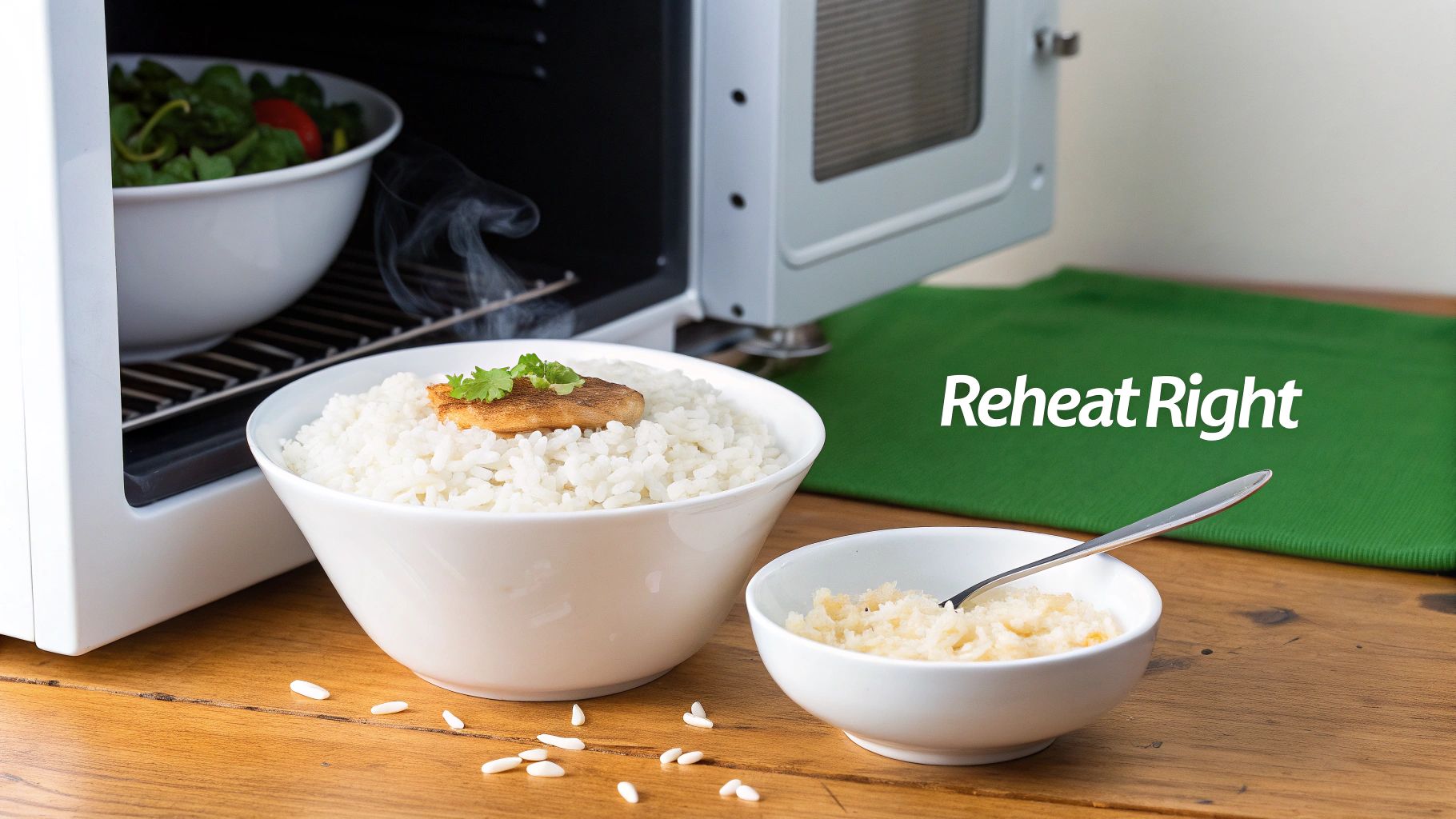 Freshly reheated rice and salad from a microwave, with steam rising from a bowl of rice.