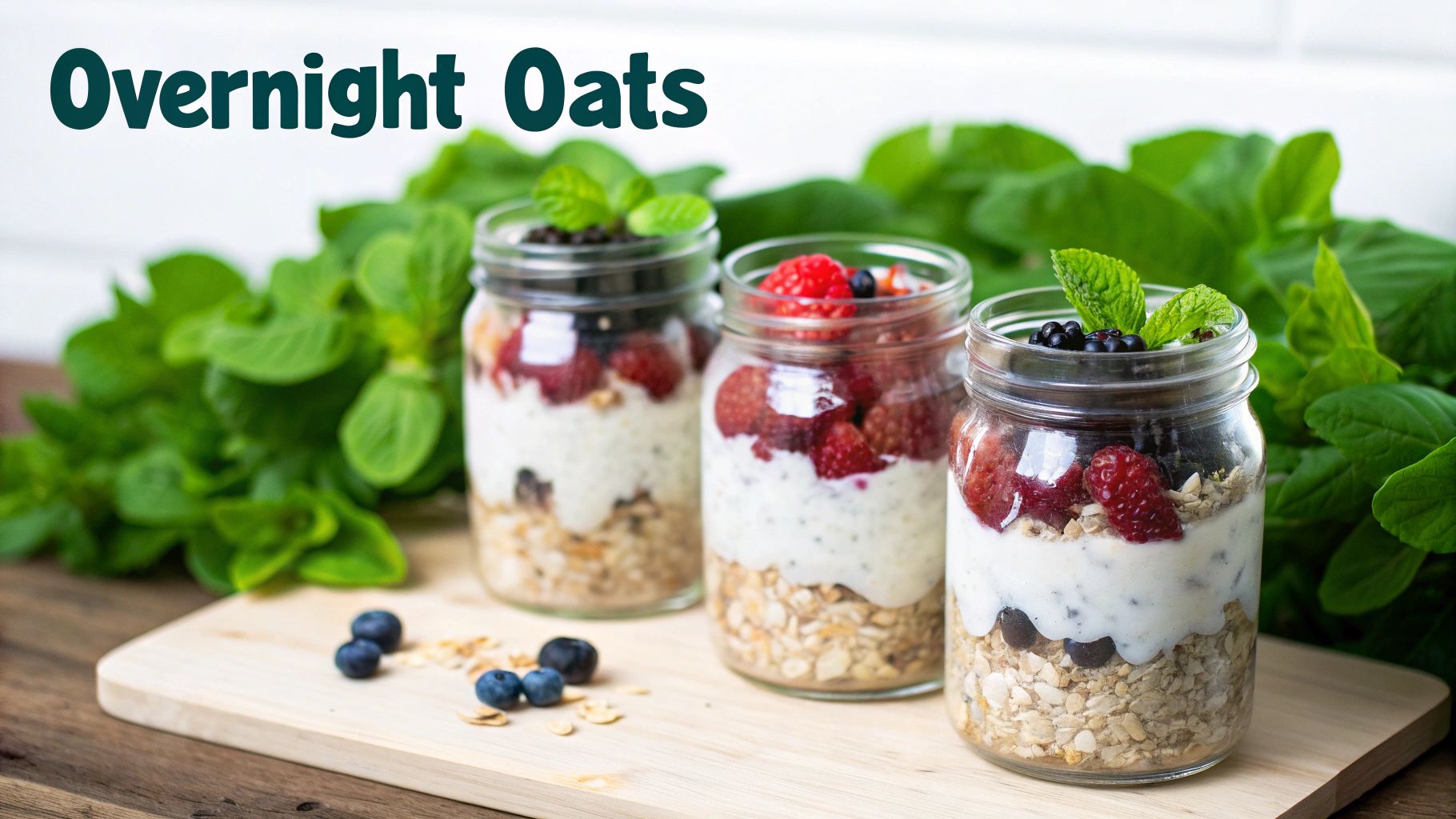 Three glass jars of delicious overnight oats layered with berries, granola, and yogurt on a wooden board.