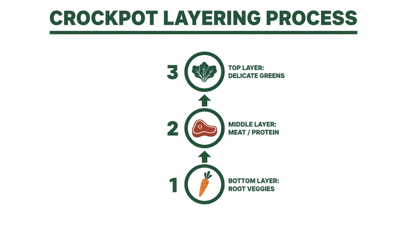 Visual guide showing the three-step crockpot layering process: root veggies, meat, and greens.