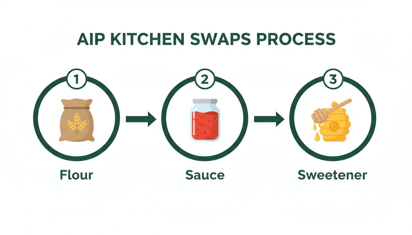 A diagram illustrating three AIP kitchen ingredient swaps: flour, sauce, and sweetener in a process.