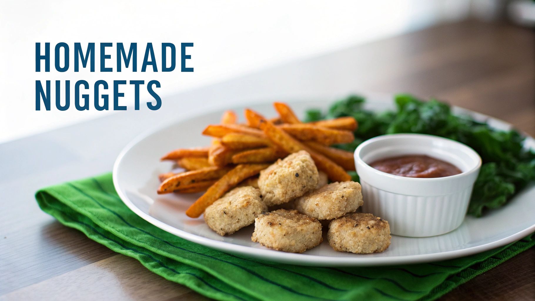 A plate of homemade breaded nuggets, sweet potato fries, green vegetables, and dipping sauce.
