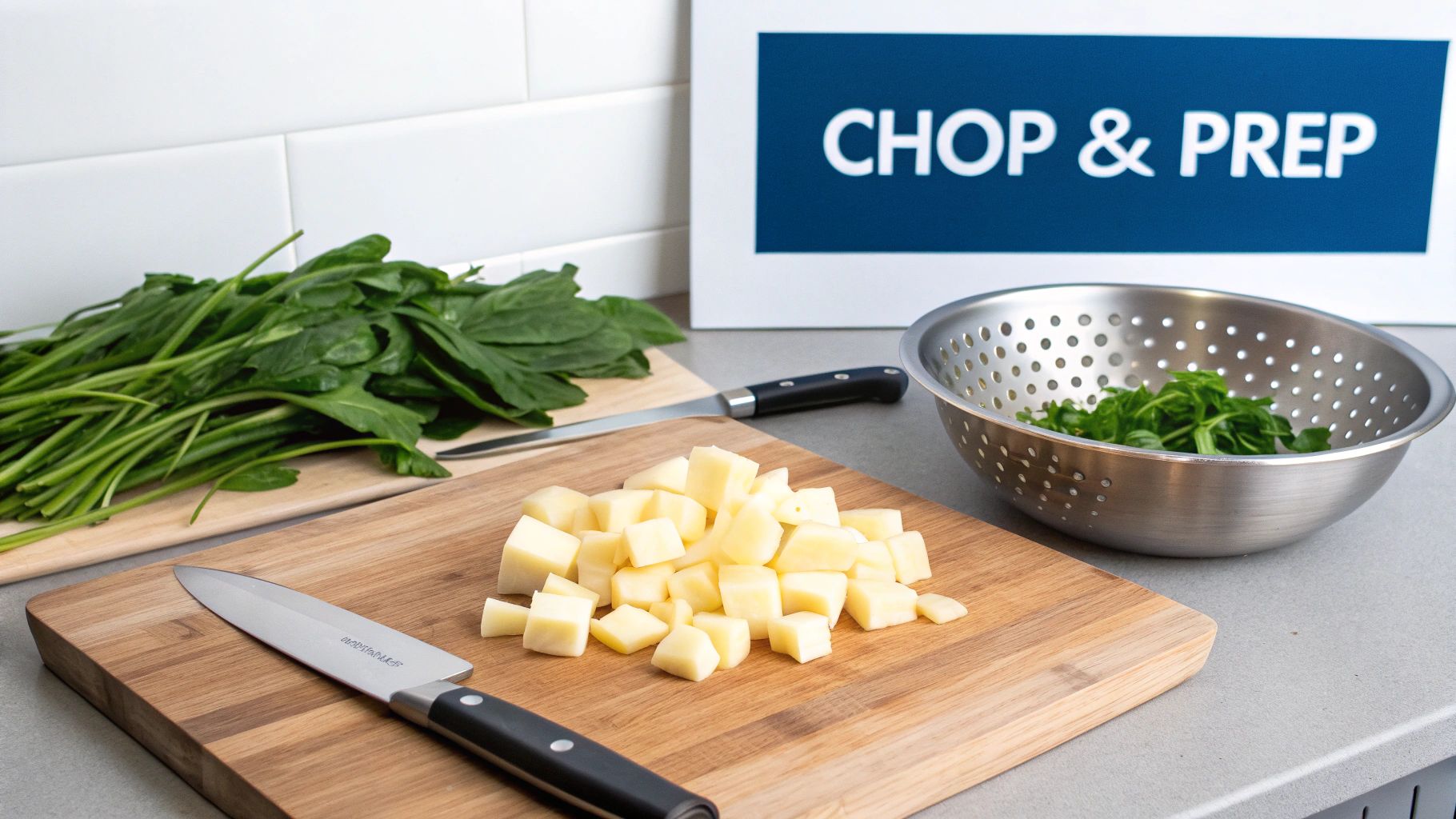 Woman chopping a variety of fresh vegetables on a wooden cutting board in a well-lit kitchen.
