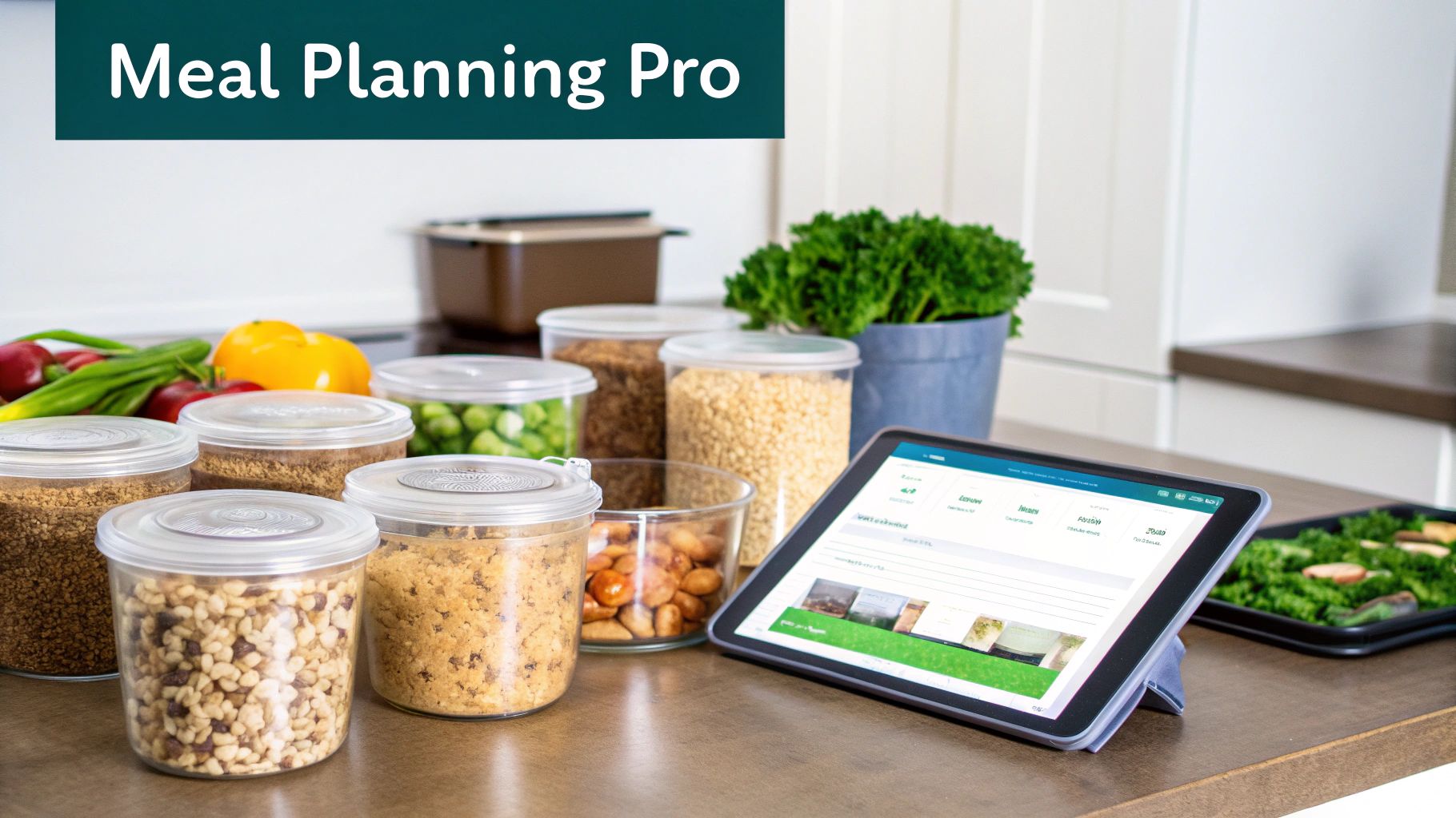 Meal planning app on a tablet with organized food containers and fresh produce in a modern kitchen.