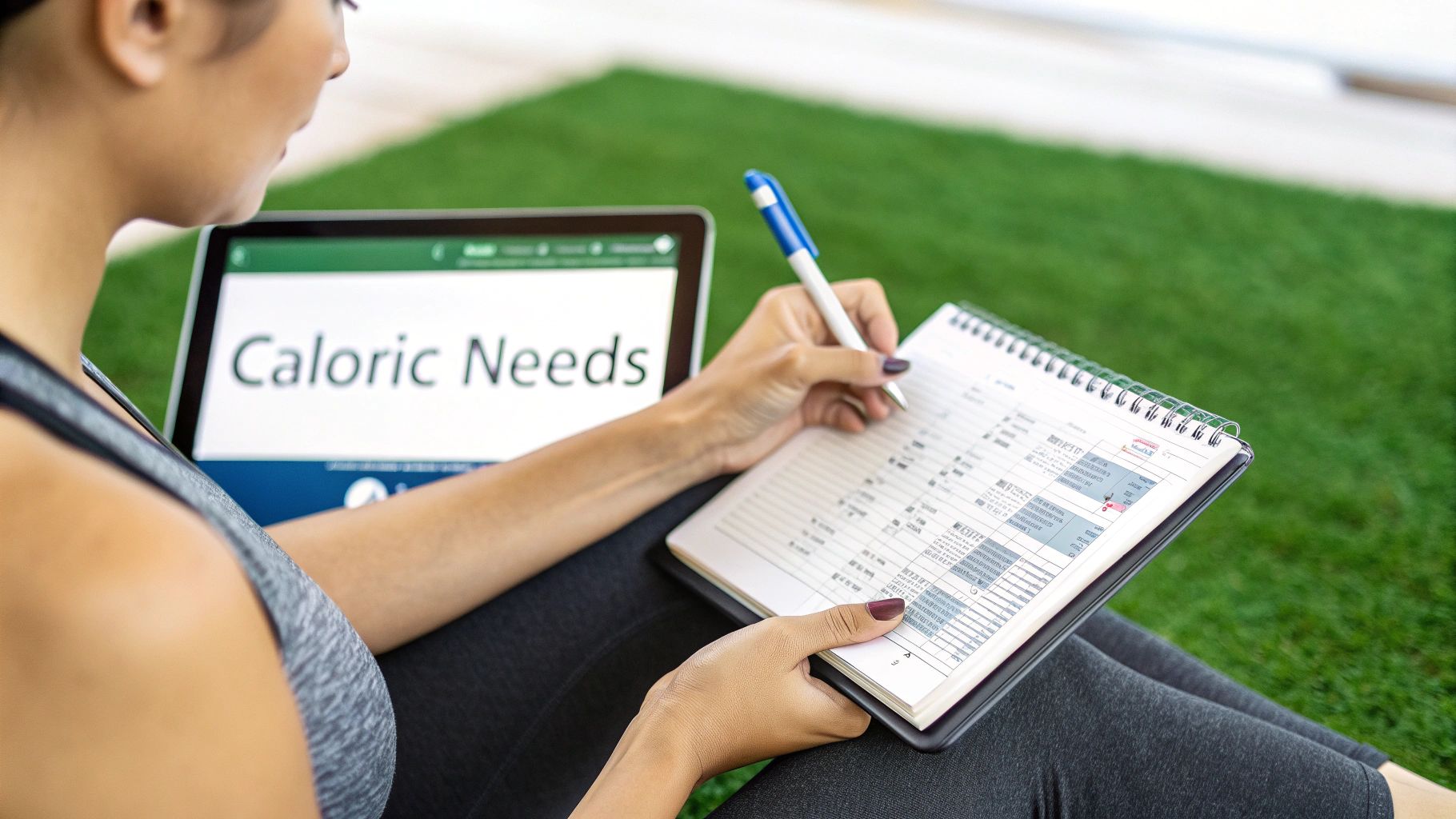 A person using a calculator with food in the background, representing macro calculation.