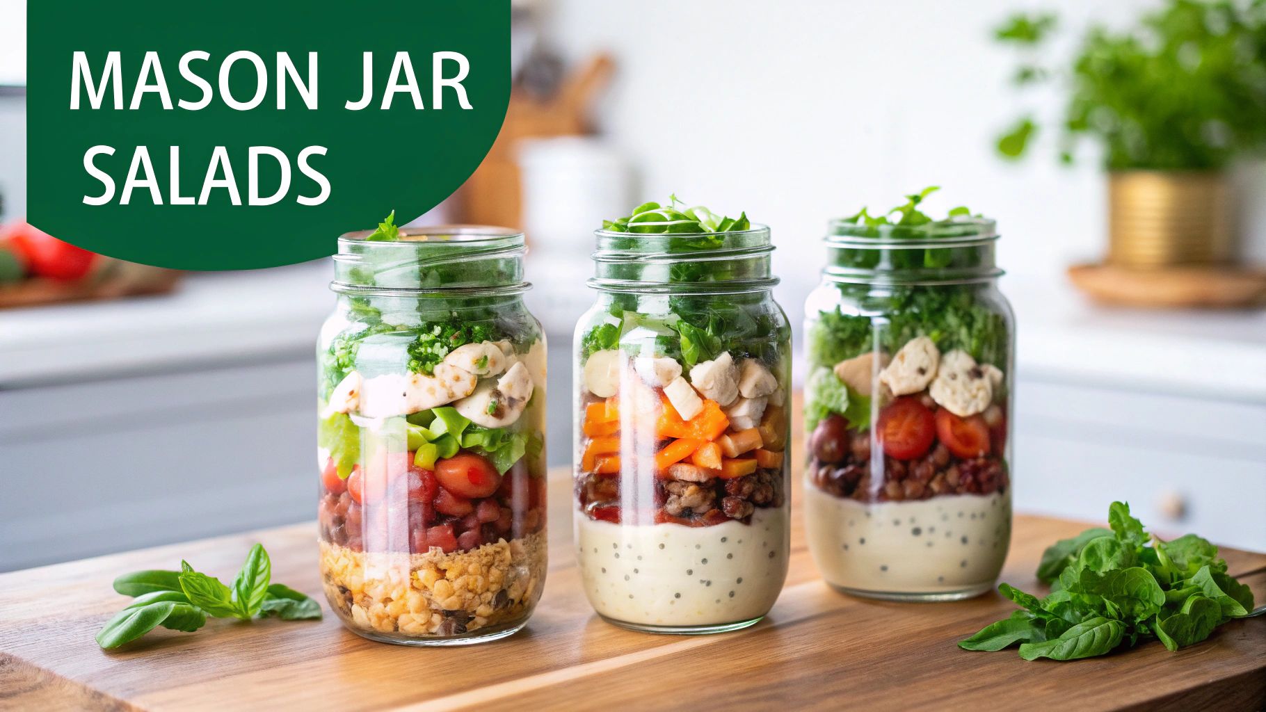 Three vibrant mason jar salads with fresh ingredients on a wooden table, perfect for meal prep.