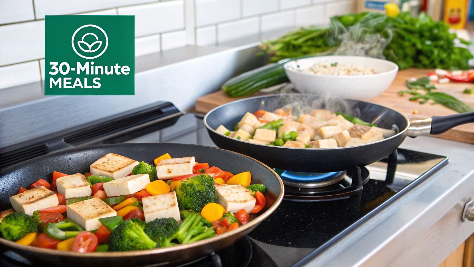 A delicious-looking vegetarian stir-fry in a pan, showcasing colorful, fresh vegetables and tofu, ready to be served.