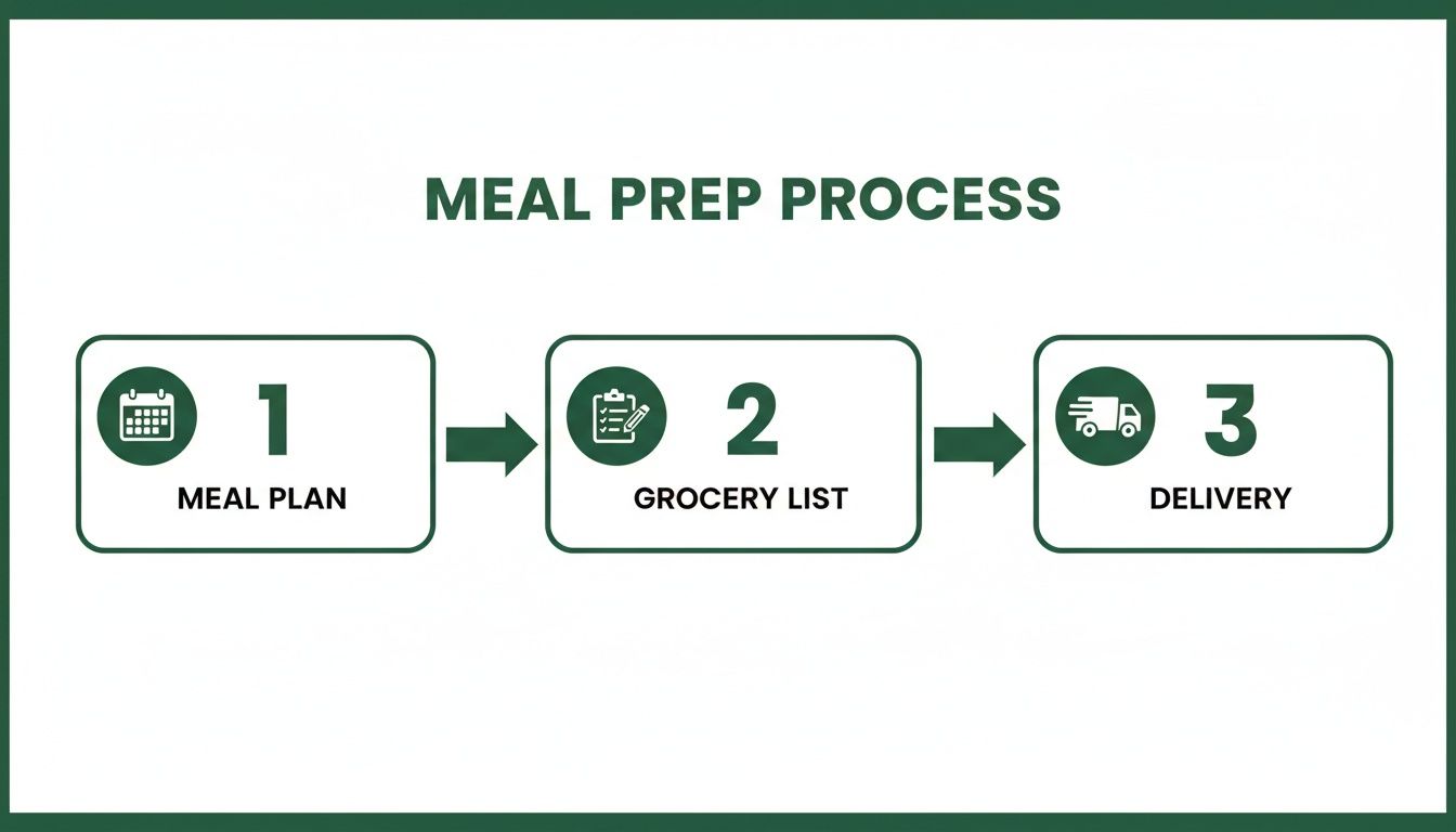 Infographic illustrating a three-step meal prep process: meal plan, grocery list, and delivery.