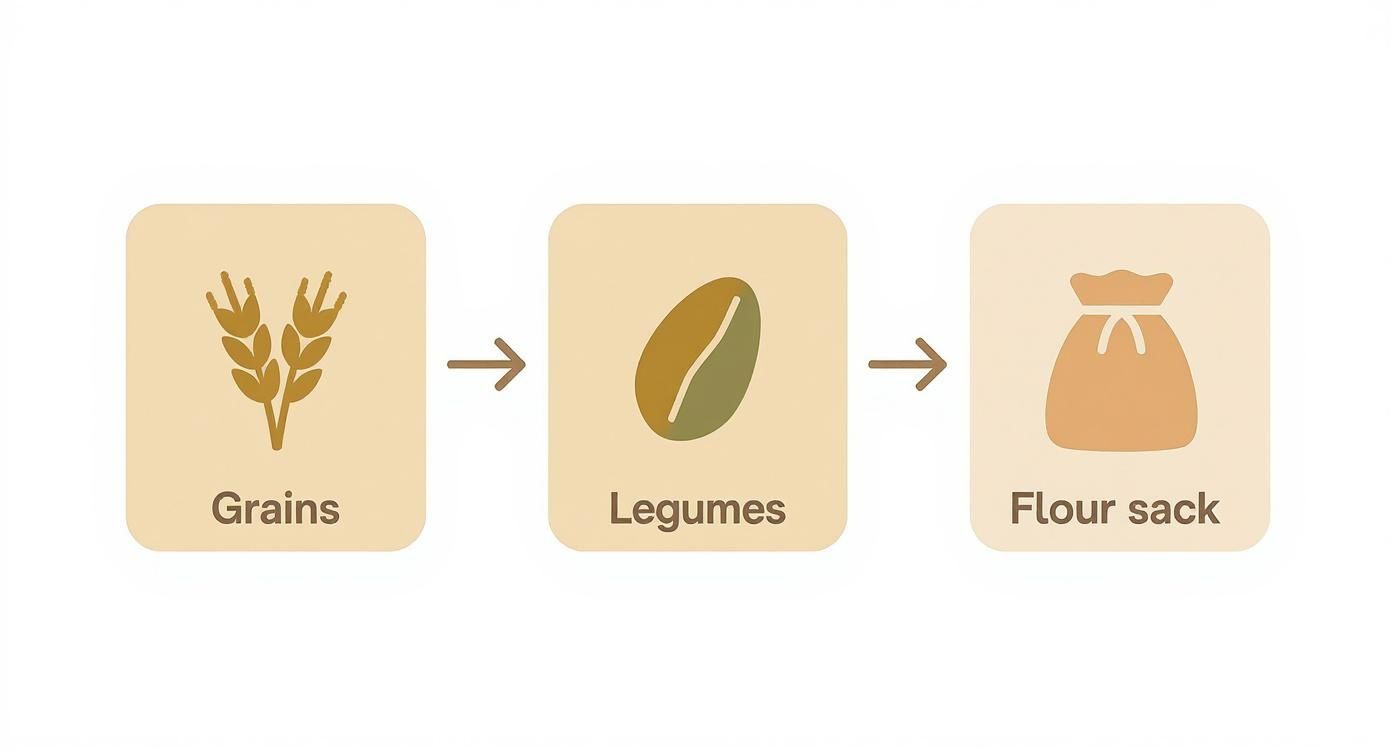 Process diagram showing grains and legumes being processed into flour sack for bulk buying